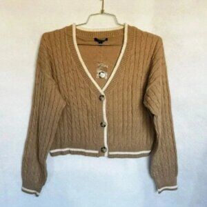 Cardigan Sweater Cable Knit Oversized Boxy Cropped Khaki Brown Long Sleeve Cozy